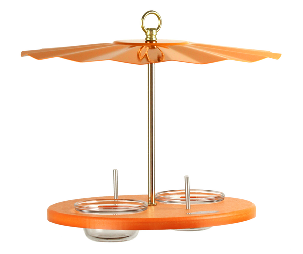 Orange oriole feeder with glass cups and galvanized rain guard