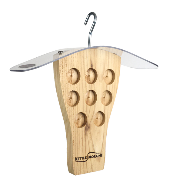 peanut butter bird feeder made of cedar with protective roof