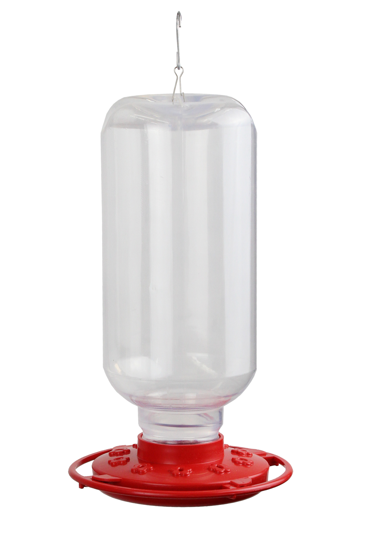 large clear plastic hummingbird feeder with red base