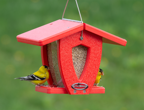 red mini moraine hopper feeder with goldfinches
