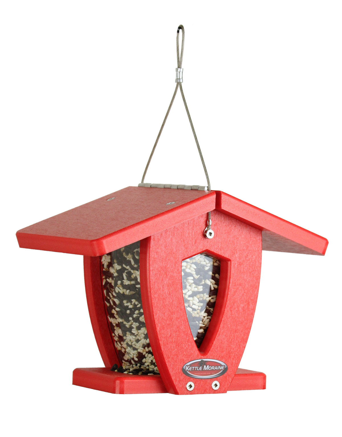 red recycled hanging hopper feeder