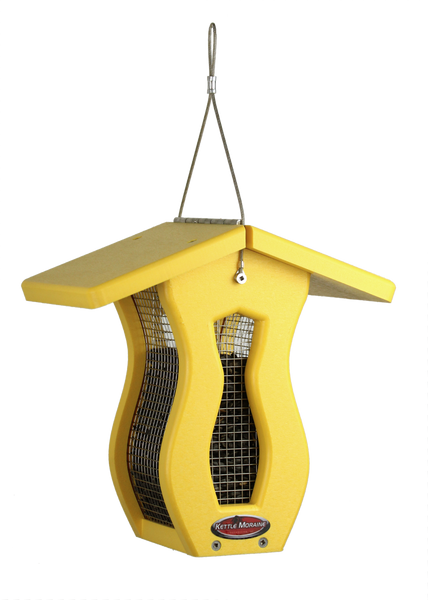 small yellow curved screen feeder with roof