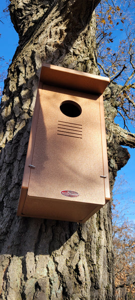 Large brown birdhouse made of recycled plastic, suitable for owls or kestrels. Mounted on a tree trunk.