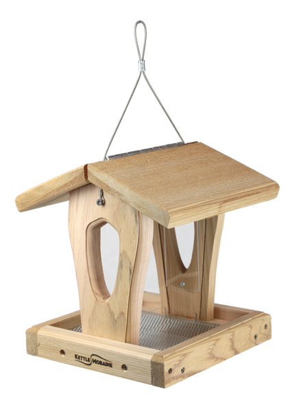 Wooden bird feeder with a hanging hook on a white background