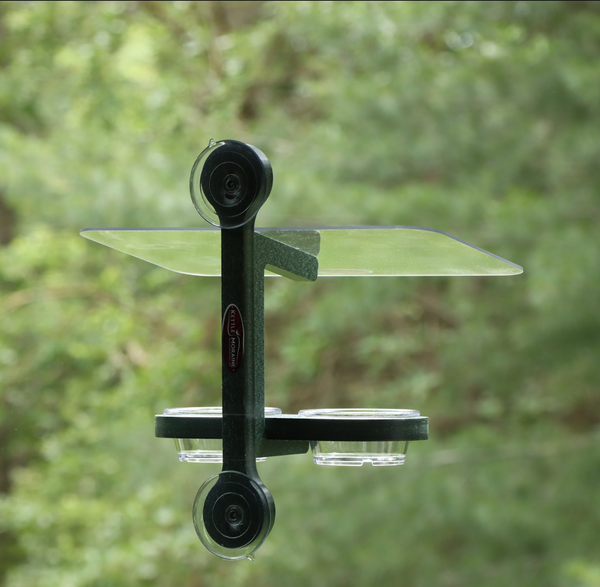 Green recycled plastic bird feeder is window mounted with suction cups. Holds two clear plastic cups. Clear roof. 
