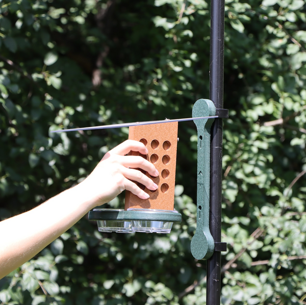 A hand holds a brown and green bird feeder, with two clear cups and a clear sloped roof, a few inches away from a blue mounting bracket attached to a black pole with two clips. 