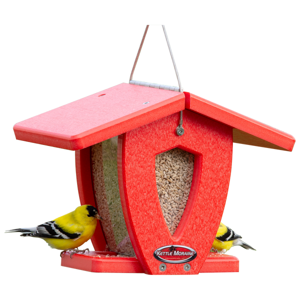 finches on red moraine hopper feeder