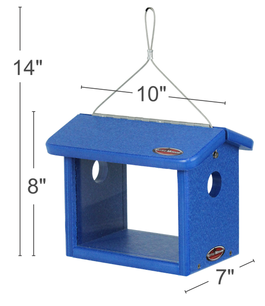 bluebird feeder made with recycled blue material showing dimensions