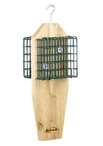 hanging cedar suet feeder with cages on both sides