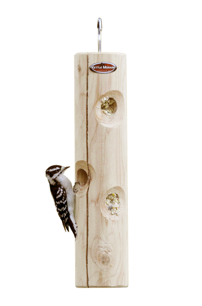 woodpecker eating peanut butter on cedar log feeder