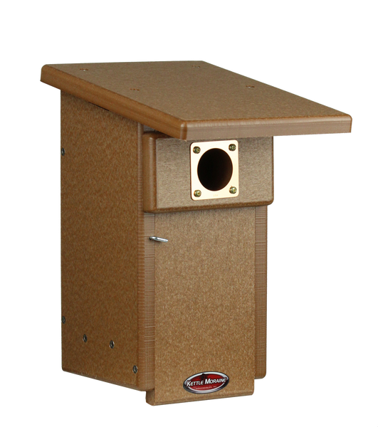 chocolate colored bluebird house with copper portal