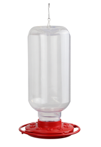 large clear plastic hummingbird feeder with red base