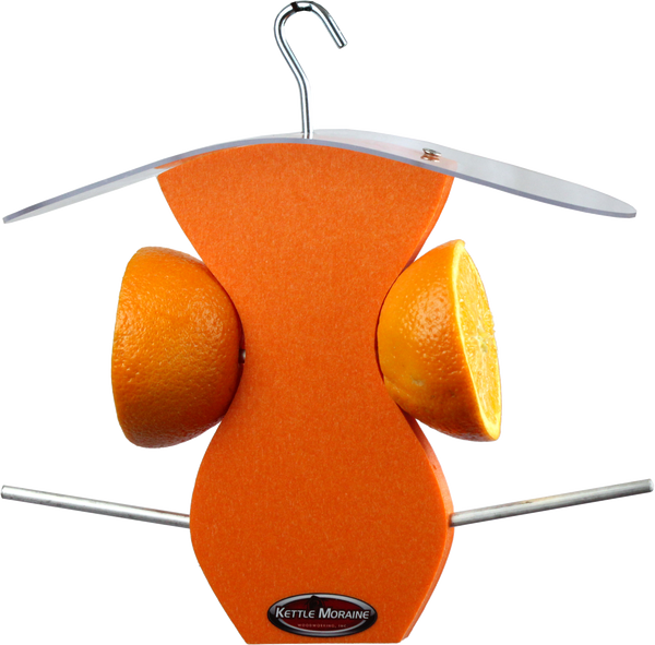curved orange feeder with oranges on it