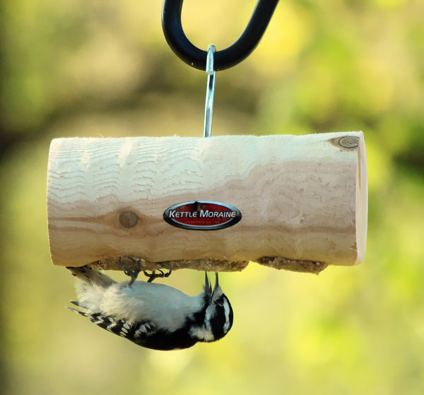 mini clinger log feeder with woodpecker