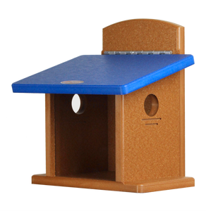 recycled bluebird feeder with blue roof