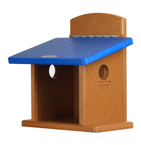 recycled bluebird feeder with blue roof