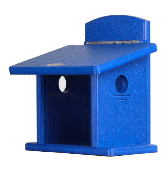 blue recycled pole mount bluebird feeder