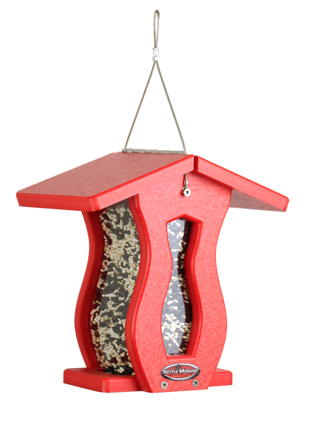 red hanging bird feeder for cardinals and finches