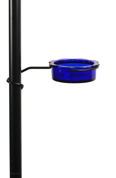 decorative blue water dish for birds that clamps to post